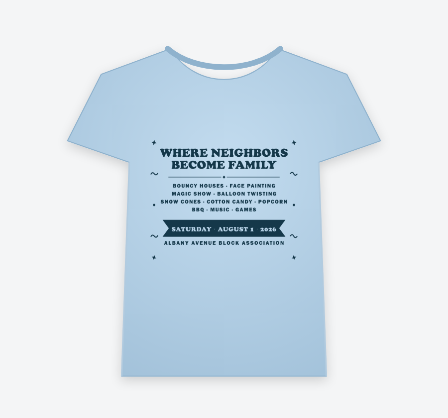2026 block party t-shirt, back — Where Neighbors Become Family